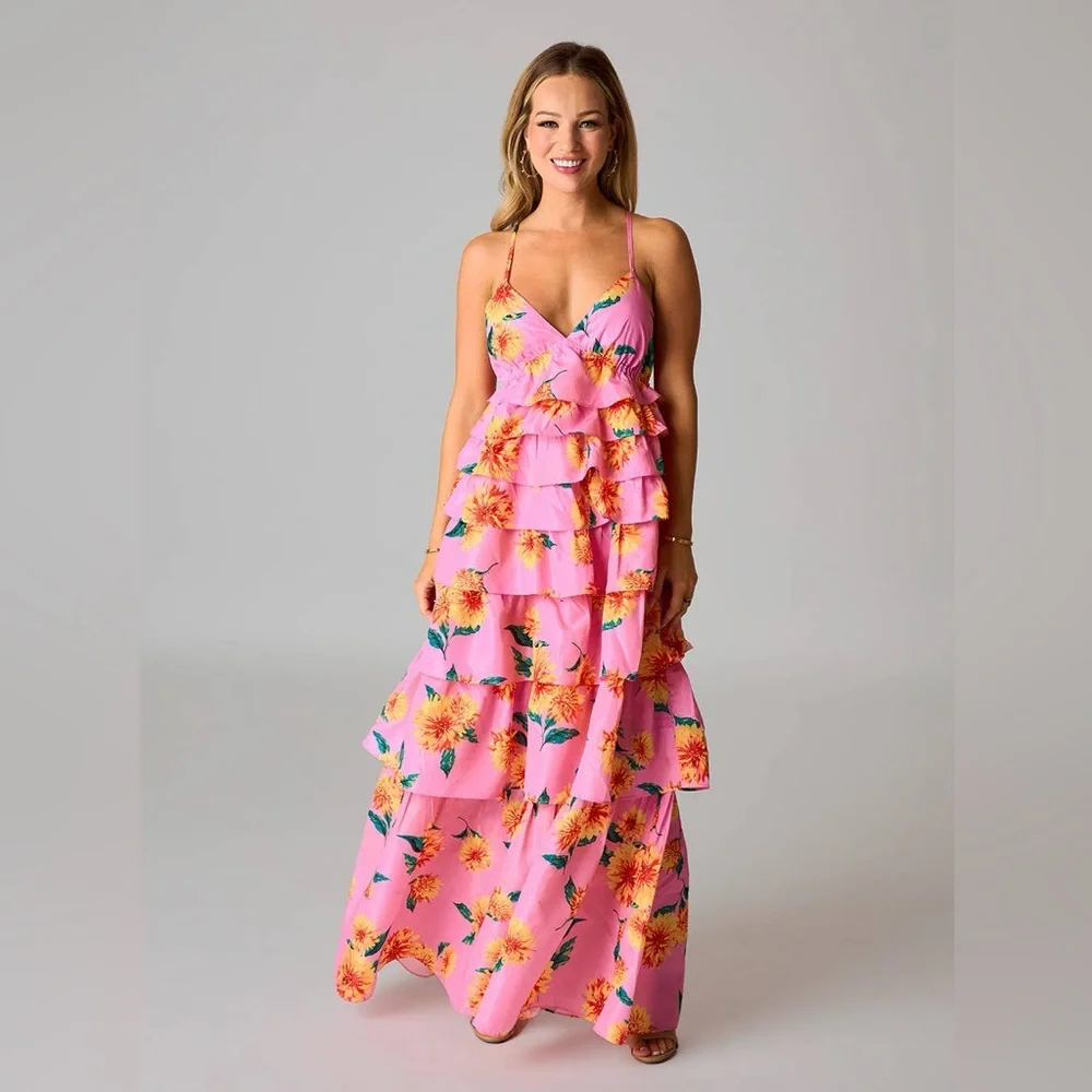 Viral Buddy Love Floral Sunflower Pink Ruffle Maxi Dress - Picture 7 of 9
